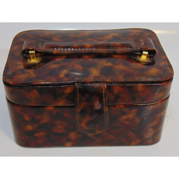 Vintage Travel Jewelry Box Chest Brown Faux Leather Handle Snap Closure Mirror - Picture 9 of 12